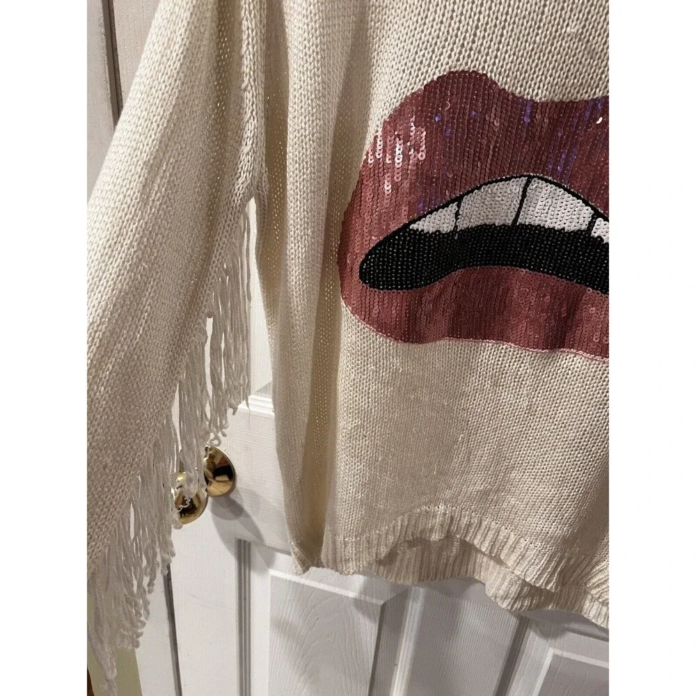 Boutique REHAB Lips Pullover SWEATER Womens SZ M Ivory Fringe Sequin grunge edgy